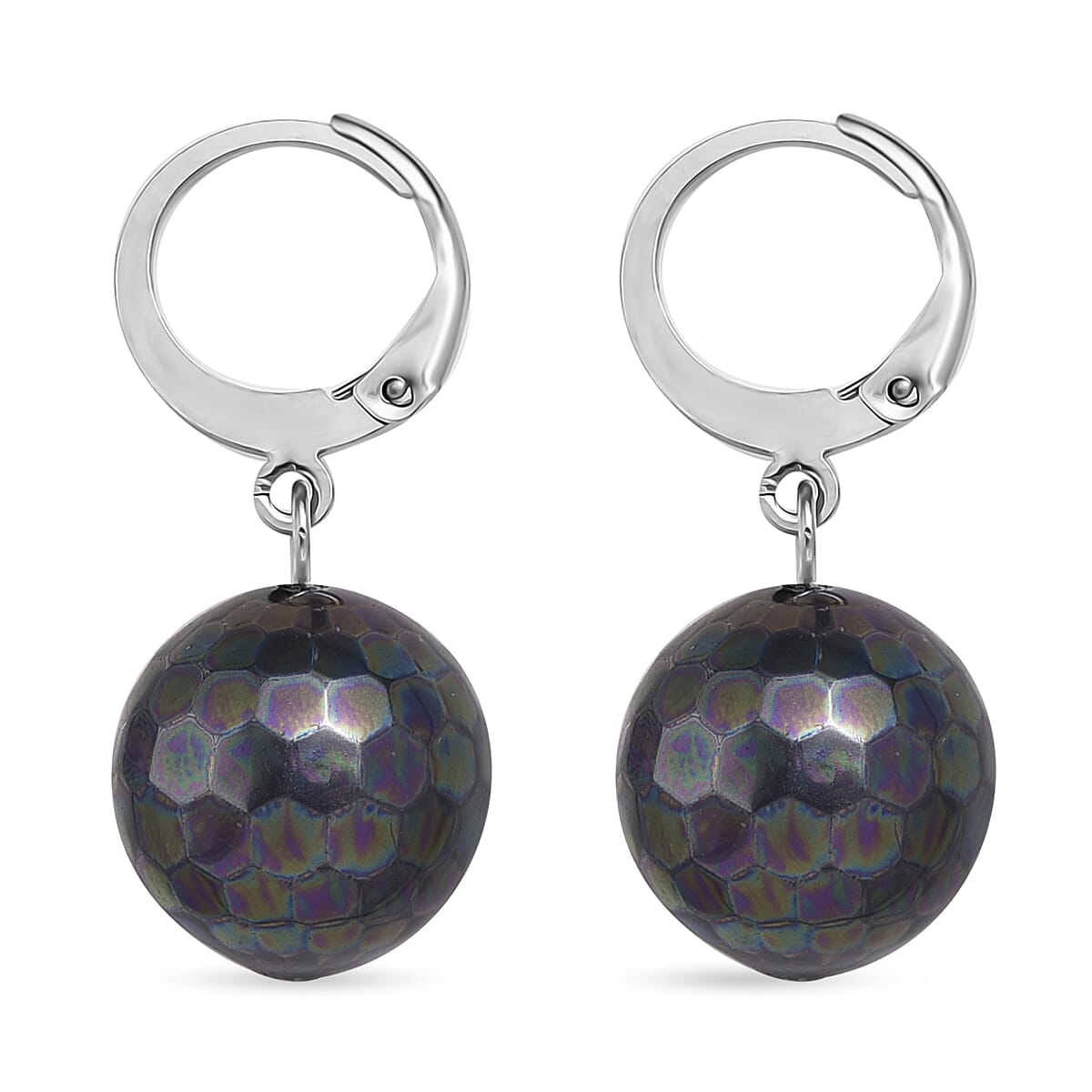 Peacock Color Shell Pearl Dangling Earrings in Stainless Steel image number 3