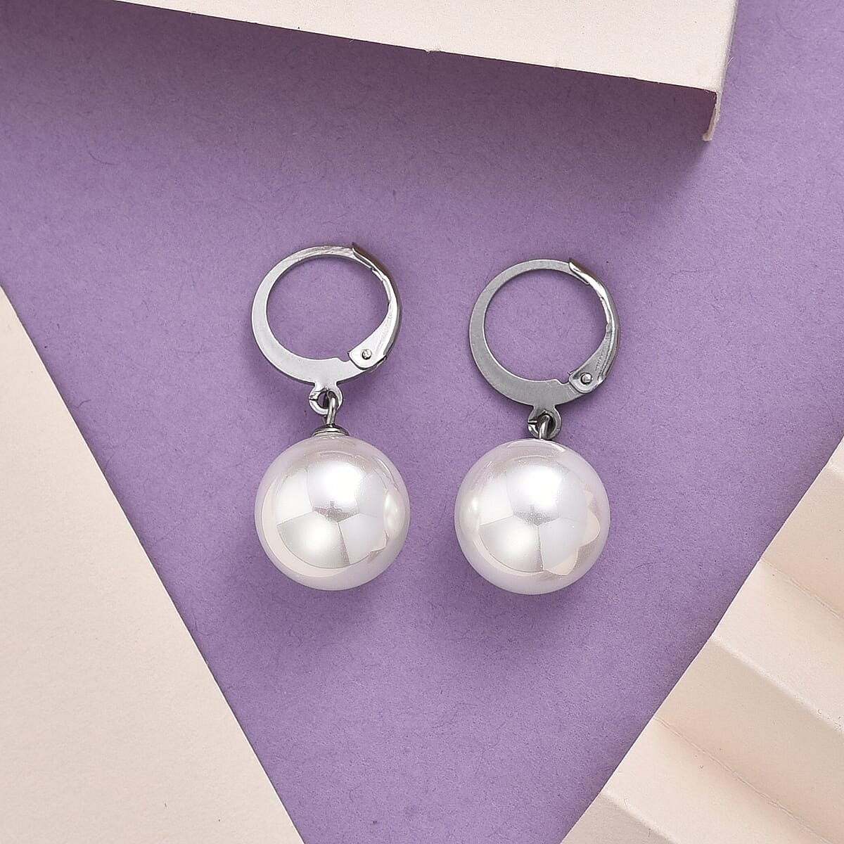 White Shell Pearl Dangling Earrings in Stainless Steel image number 1
