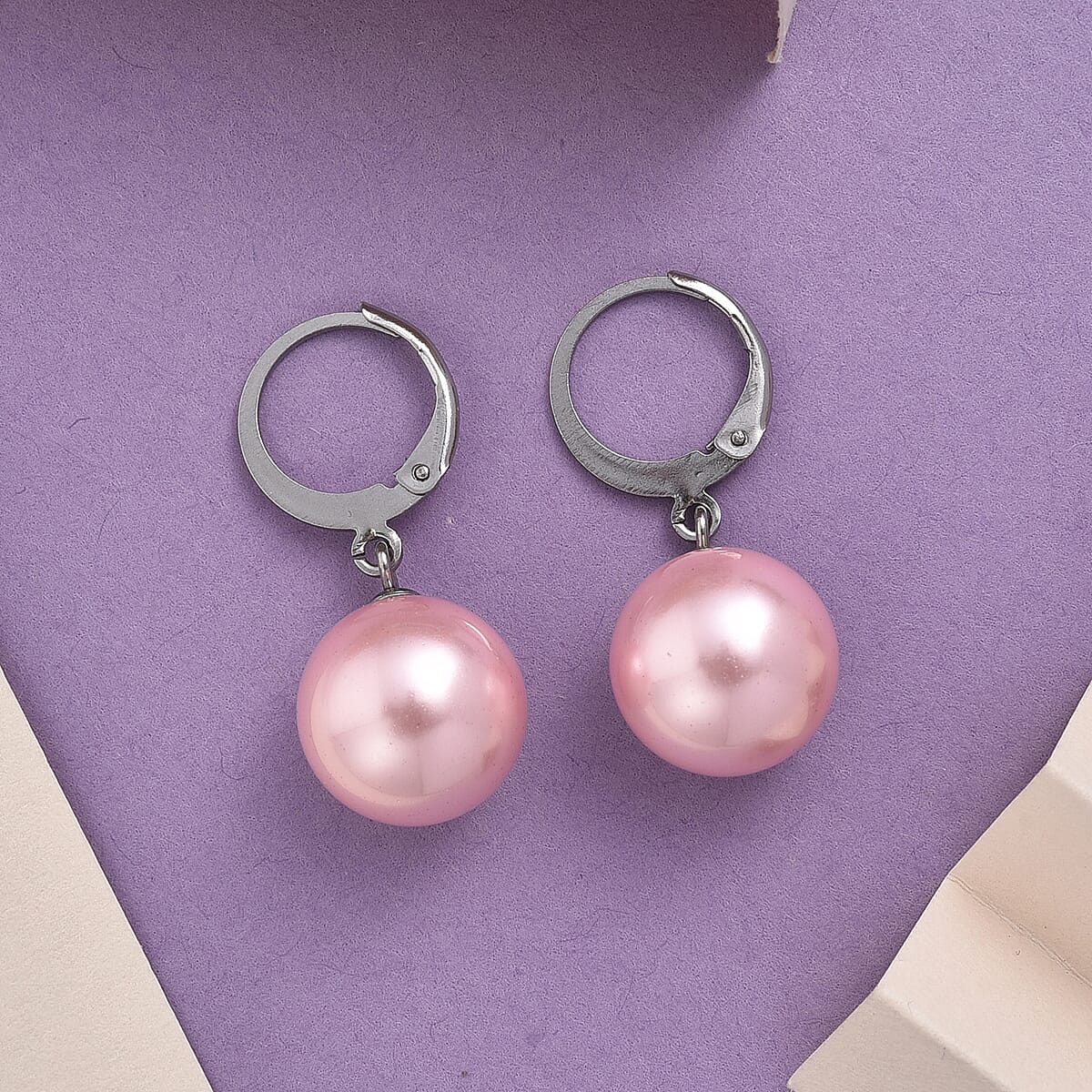 Pink Shell Pearl Dangling Earrings in Stainless Steel image number 1