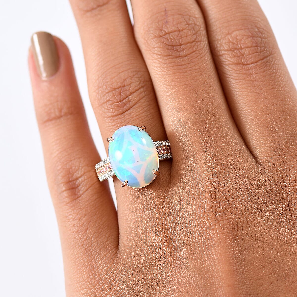 AAA Ethiopian Welo Opal, Luxuriant Lab Grown Pink and White Diamond (VS) 6.35 ctw Frozen Flame Ring in 10K Rose Gold (Size 10.0) image number 2