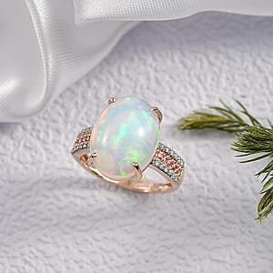 Collector's Edition 10K Rose Gold AAA Ethiopian Welo Opal, Luxuriant Lab Grown Pink and White Diamond (VS) (0.22 cts) Frozen Flame Ring (Size 10.5) 6.35 ctw