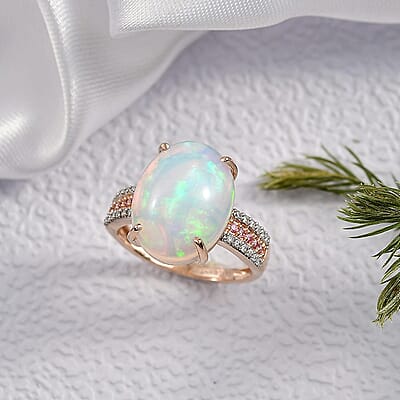 Collector's Edition 10K Rose Gold AAA Ethiopian Welo Opal, Luxuriant Lab Grown Pink and White Diamond (VS) (0.22 cts) Frozen Flame Ring (Size 11.0) 6.35 ctw