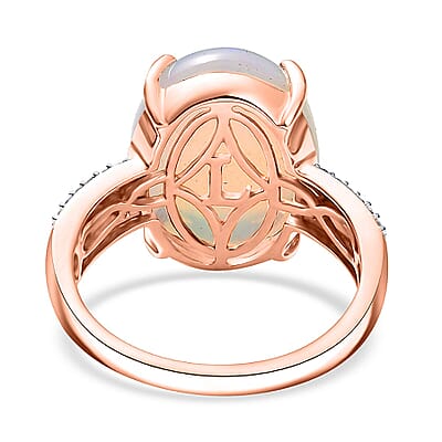 Collector's Edition 10K Rose Gold AAA Ethiopian Welo Opal, Luxuriant Lab Grown Pink and White Diamond (VS) (0.22 cts) Frozen Flame Ring (Size 11.0) 6.35 ctw