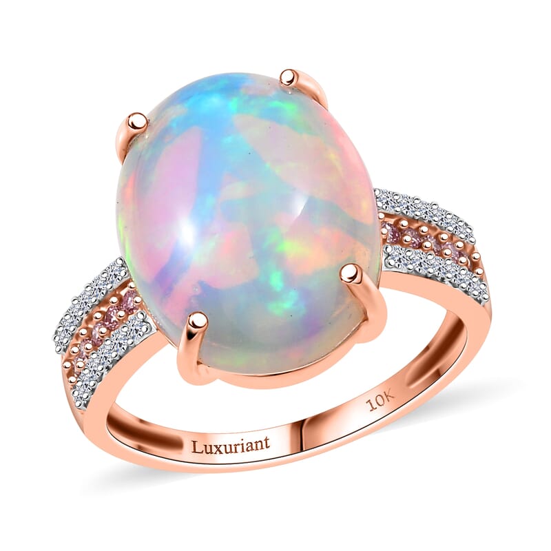 AAA Ethiopian Welo Opal, Luxuriant Lab Grown Pink and White Diamond (VS) 6.35 ctw Frozen Flame Ring in 10K Rose Gold (Size 7.0)