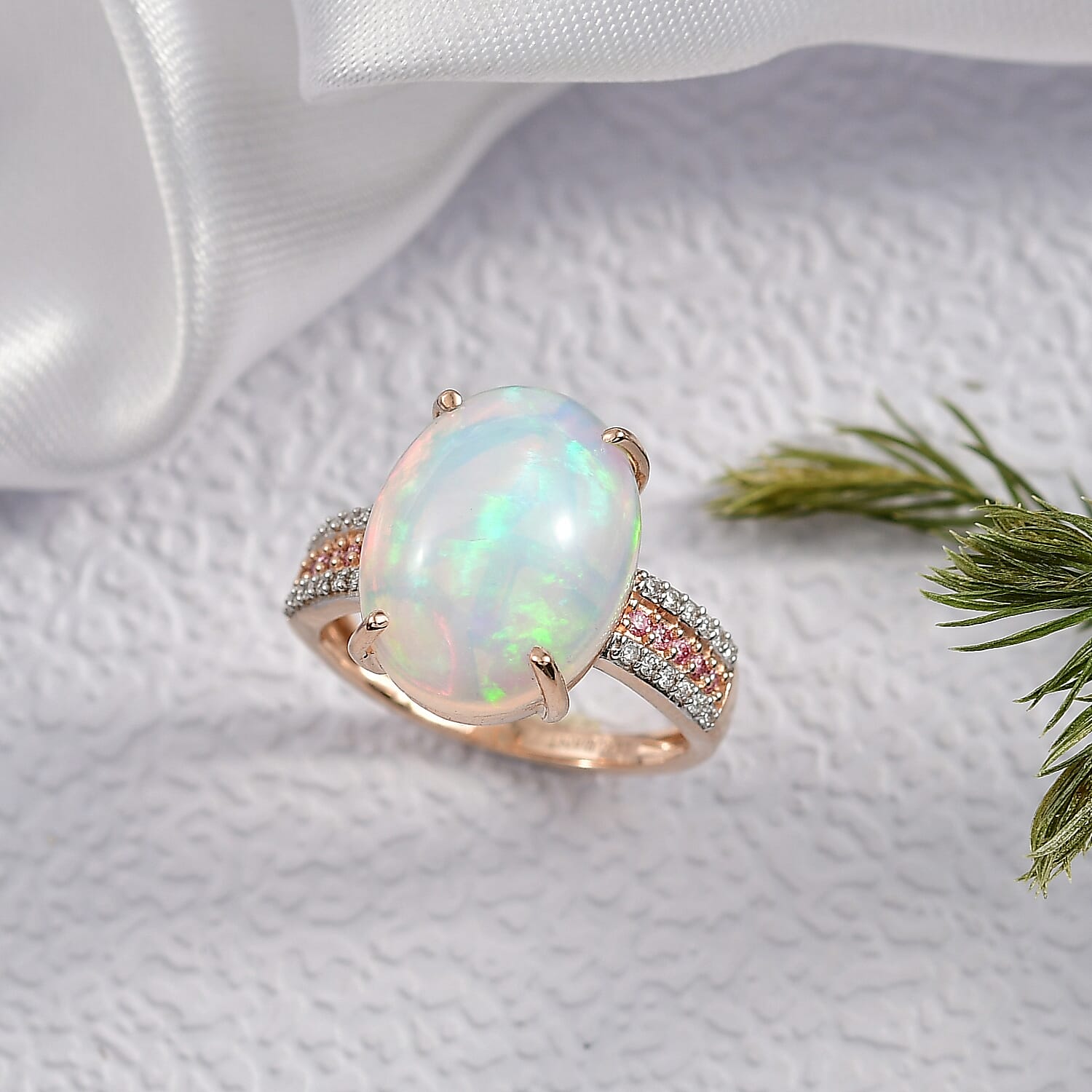 10K Rose Gold AAA Ethiopian Welo Opal, Luxuriant Lab Grown Pink and White Diamond (VS) (0.22 cts) Ring (Size 10.0) 6.33 ctw