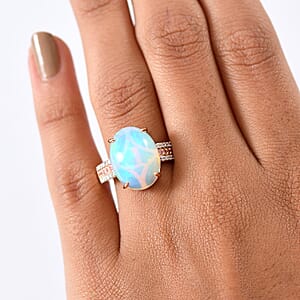 AAA Ethiopian Welo Opal, Luxuriant Lab Grown Pink and White Diamond (VS) 6.35 ctw Frozen Flame Ring in 10K Rose Gold (Size 7.0)