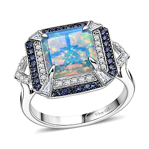 D'Joy Asscher Cut Premium Ethiopian Welo Opal and Multi Gemstone 3.60 ctw Geometric Radiance Ring in Rhodium Over Sterling Silver (Size 6.0)