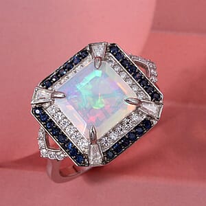 D'Joy Asscher Cut Premium Ethiopian Welo Opal and Multi Gemstone 3.60 ctw Geometric Radiance Ring in Rhodium Over Sterling Silver (Size 6.0)