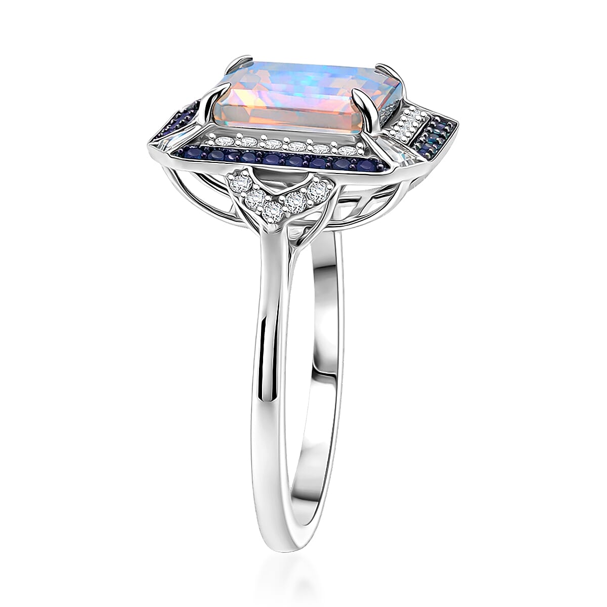 D'Joy Asscher Cut Premium Ethiopian Welo Opal and Multi Gemstone 3.60 ctw Geometric Radiance Ring in Rhodium Over Sterling Silver (Size 6.0) image number 3