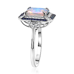 D'Joy Asscher Cut Premium Ethiopian Welo Opal and Multi Gemstone 3.60 ctw Geometric Radiance Ring in Rhodium Over Sterling Silver (Size 6.0)