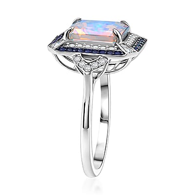 D'Joy Asscher Cut Premium Ethiopian Welo Opal and Multi Gemstone 3.60 ctw Geometric Radiance Ring in Rhodium Over Sterling Silver (Size 6.0)