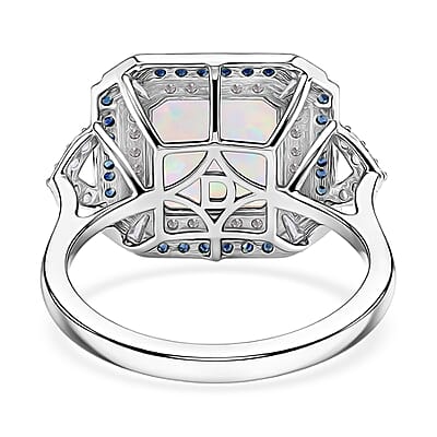 D'Joy Asscher Cut Premium Ethiopian Welo Opal and Multi Gemstone 3.60 ctw Geometric Radiance Ring in Rhodium Over Sterling Silver (Size 6.0)