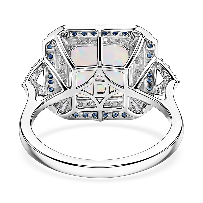 D'Joy Asscher Cut Premium Ethiopian Welo Opal and Multi Gemstone 3.60 ctw Geometric Radiance Ring in Rhodium Over Sterling Silver (Size 6.0)