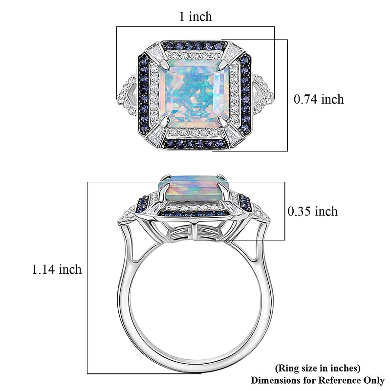 D'Joy Asscher Cut Premium Ethiopian Welo Opal and Multi Gemstone 3.60 ctw Geometric Radiance Ring in Rhodium Over Sterling Silver (Size 6.0)