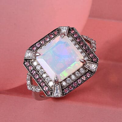 D'Joy Asscher Cut Premium Ethiopian Welo Opal and Multi Gemstone 3.60 ctw Geometric Radiance Ring in Rhodium Over Sterling Silver (Size 10.0)