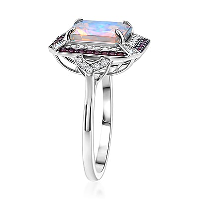 D'Joy Asscher Cut Premium Ethiopian Welo Opal and Multi Gemstone 3.60 ctw Geometric Radiance Ring in Rhodium Over Sterling Silver (Size 10.0)