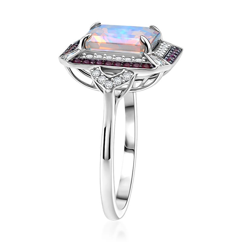 D'Joy Asscher Cut Premium Ethiopian Welo Opal and Multi Gemstone 3.60 ctw Geometric Radiance Ring in Rhodium Over Sterling Silver (Size 10.0)