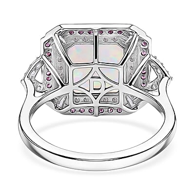 D'Joy Asscher Cut Premium Ethiopian Welo Opal and Multi Gemstone 3.60 ctw Geometric Radiance Ring in Rhodium Over Sterling Silver (Size 10.0)