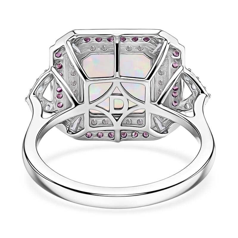 D'Joy Asscher Cut Premium Ethiopian Welo Opal and Multi Gemstone 3.60 ctw Geometric Radiance Ring in Rhodium Over Sterling Silver (Size 10.0)