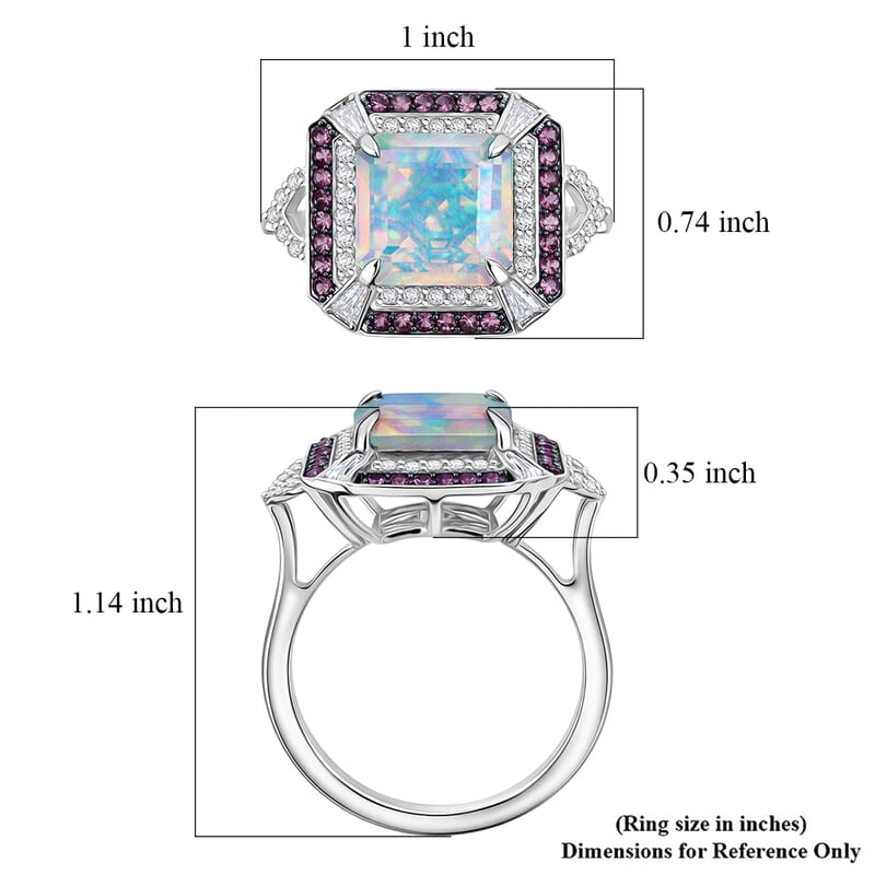 D'Joy Asscher Cut Premium Ethiopian Welo Opal and Multi Gemstone 3.60 ctw Geometric Radiance Ring in Rhodium Over Sterling Silver (Size 10.0)