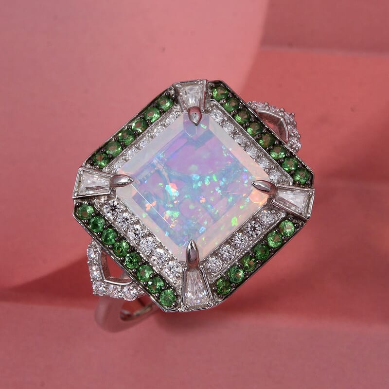 D'Joy Asscher Cut Premium Ethiopian Welo Opal and Multi Gemstone 3.60 ctw Geometric Radiance Ring in Rhodium Over Sterling Silver (Size 10.0)