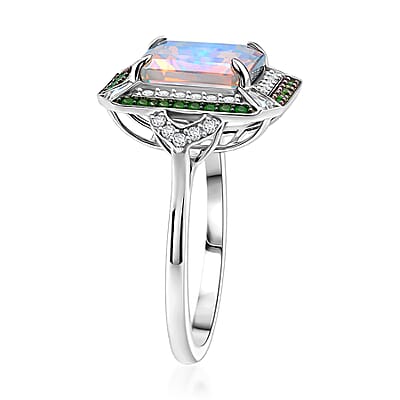D'Joy Asscher Cut Premium Ethiopian Welo Opal and Multi Gemstone 3.60 ctw Geometric Radiance Ring in Rhodium Over Sterling Silver (Size 10.0)
