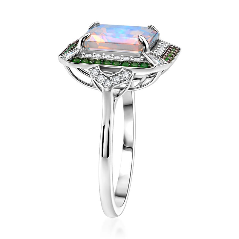 D'Joy Asscher Cut Premium Ethiopian Welo Opal and Multi Gemstone 3.60 ctw Geometric Radiance Ring in Rhodium Over Sterling Silver (Size 10.0)