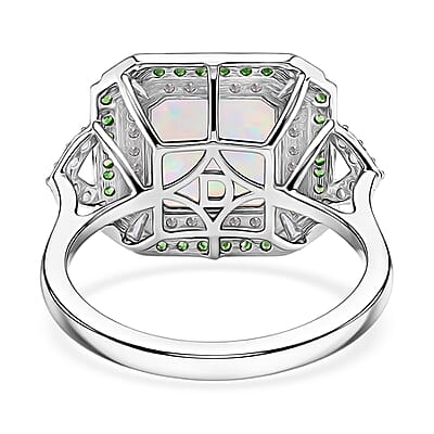 D'Joy Asscher Cut Premium Ethiopian Welo Opal and Multi Gemstone 3.60 ctw Geometric Radiance Ring in Rhodium Over Sterling Silver (Size 10.0)