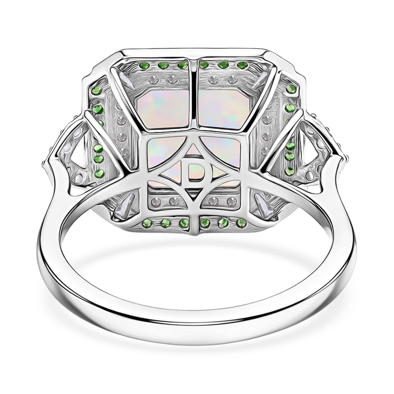 D'Joy Asscher Cut Premium Ethiopian Welo Opal and Multi Gemstone 3.60 ctw Geometric Radiance Ring in Rhodium Over Sterling Silver (Size 10.0)