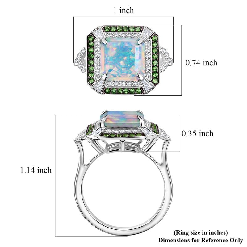 D'Joy Asscher Cut Premium Ethiopian Welo Opal and Multi Gemstone 3.60 ctw Geometric Radiance Ring in Rhodium Over Sterling Silver (Size 10.0)