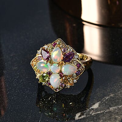 D'Joy Premium Ethiopian Welo Opal and Multi Gemstones 2.70 ctw Garden of Light Ring in 18K Vermeil Yellow Gold Over Sterling Silver (Size 10.0) 