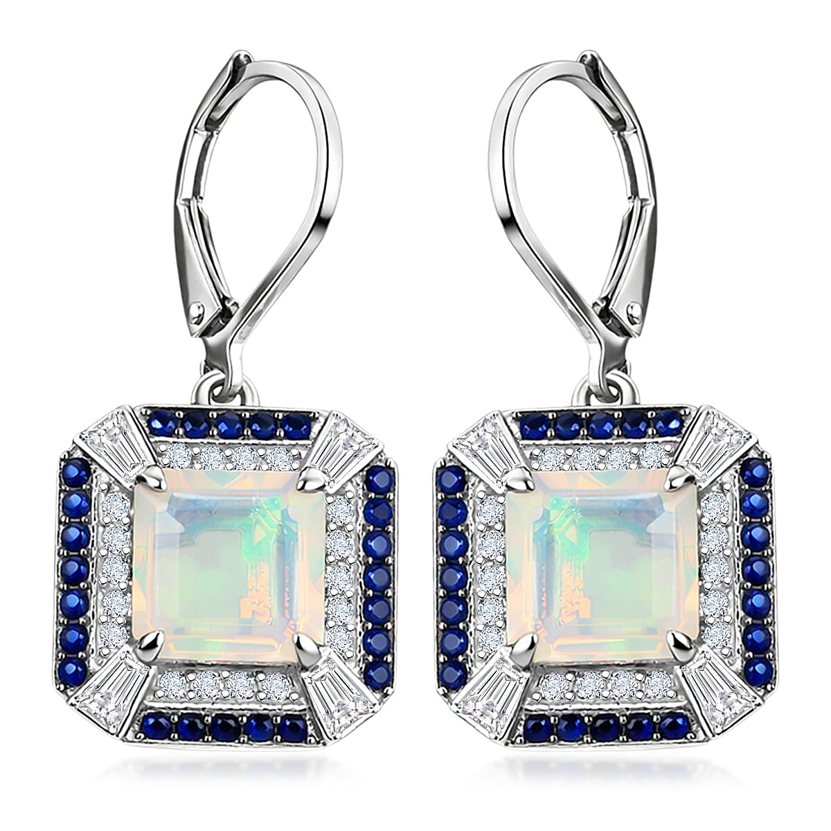 D'Joy Asscher Cut Premium Ethiopian Welo Opal and Multi Gemstone 4.35 ctw Geometric Radiance Earrings in Rhodium Over Sterling Silver