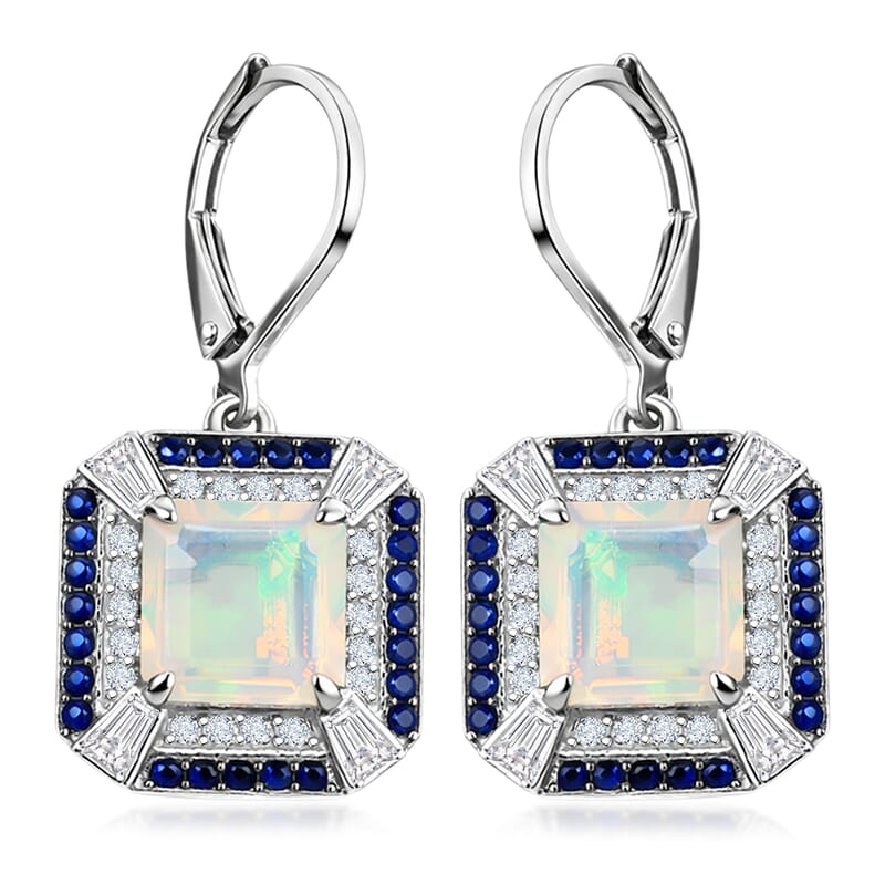 D'Joy Asscher Cut Premium Ethiopian Welo Opal and Multi Gemstone 4.35 ctw Geometric Radiance Earrings in Rhodium Over Sterling Silver