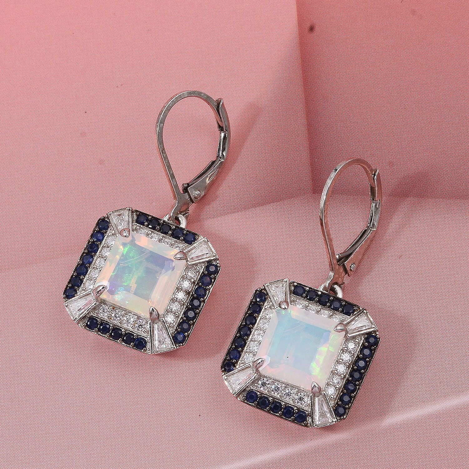 D'Joy Asscher Cut Premium Ethiopian Welo Opal and Multi Gemstone 4.35 ctw Geometric Radiance Earrings in Rhodium Over Sterling Silver