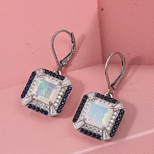 D'Joy Asscher Cut Premium Ethiopian Welo Opal and Multi Gemstone 4.35 ctw Geometric Radiance Earrings in Rhodium Over Sterling Silver