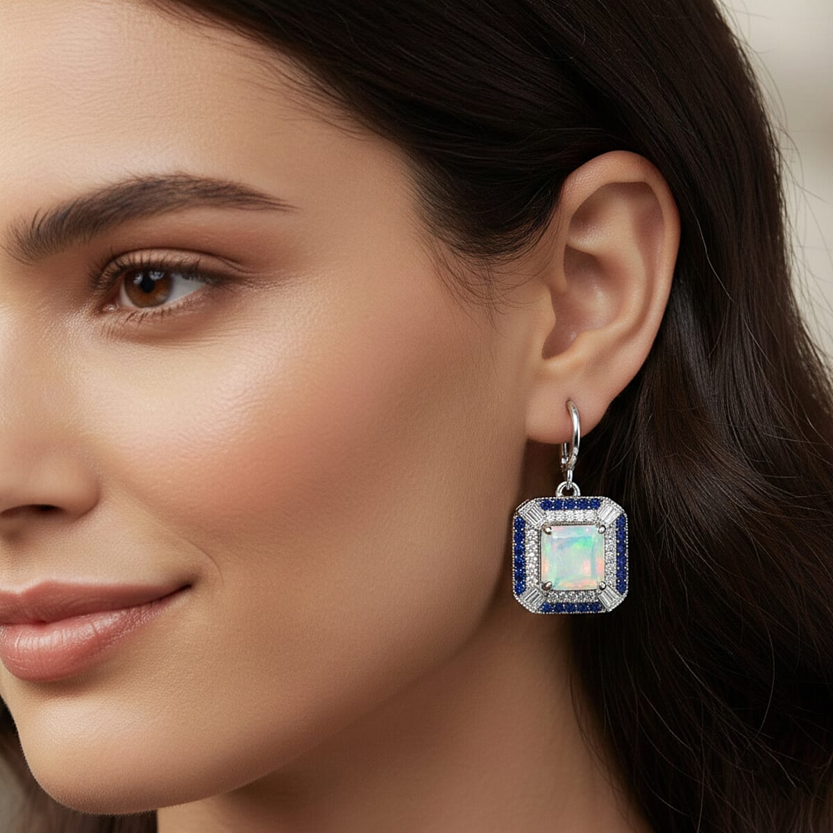 D'Joy Asscher Cut Premium Ethiopian Welo Opal and Multi Gemstone 4.35 ctw Geometric Radiance Earrings in Rhodium Over Sterling Silver image number 2