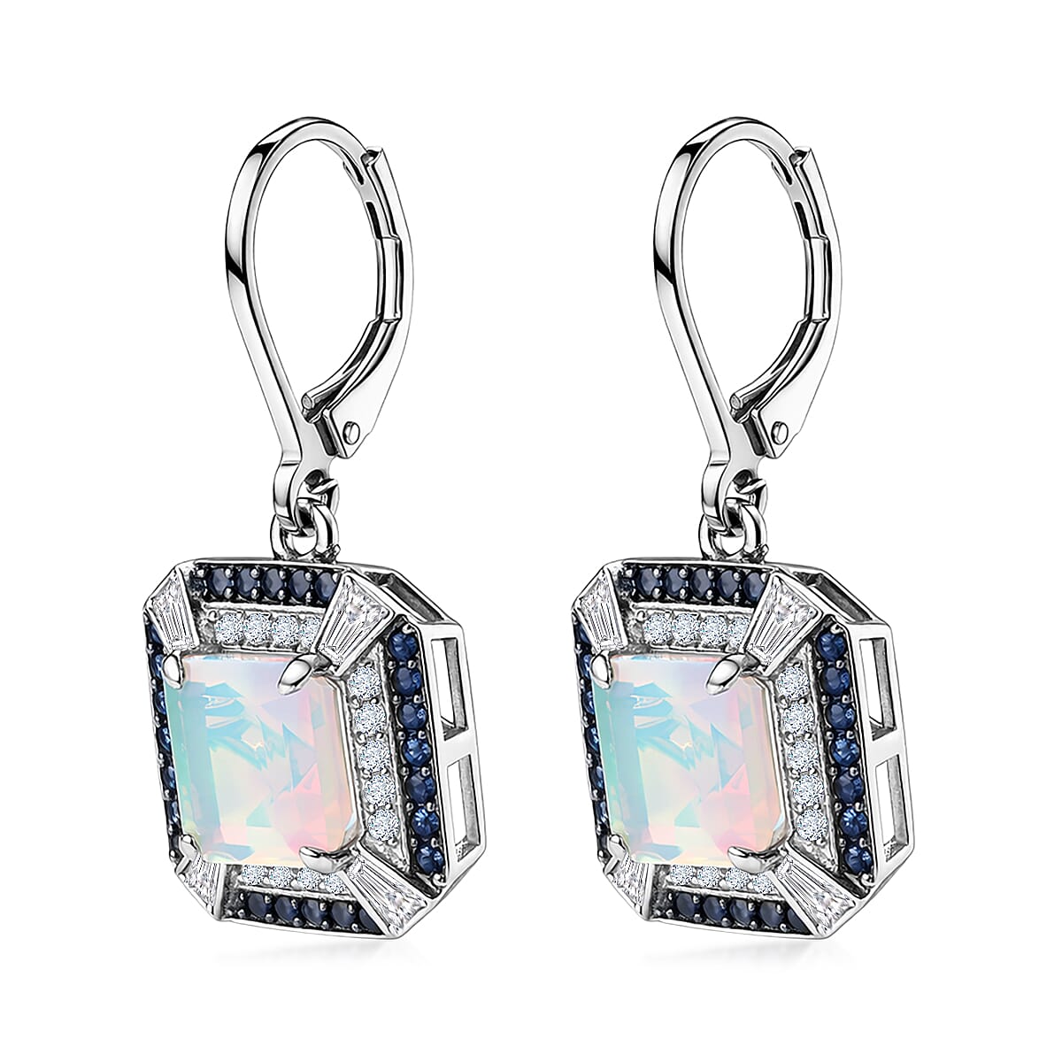 D'Joy Asscher Cut Premium Ethiopian Welo Opal and Multi Gemstone 4.35 ctw Geometric Radiance Earrings in Rhodium Over Sterling Silver image number 3