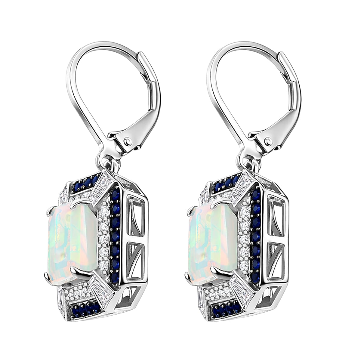 D'Joy Asscher Cut Premium Ethiopian Welo Opal and Multi Gemstone 4.35 ctw Geometric Radiance Earrings in Rhodium Over Sterling Silver