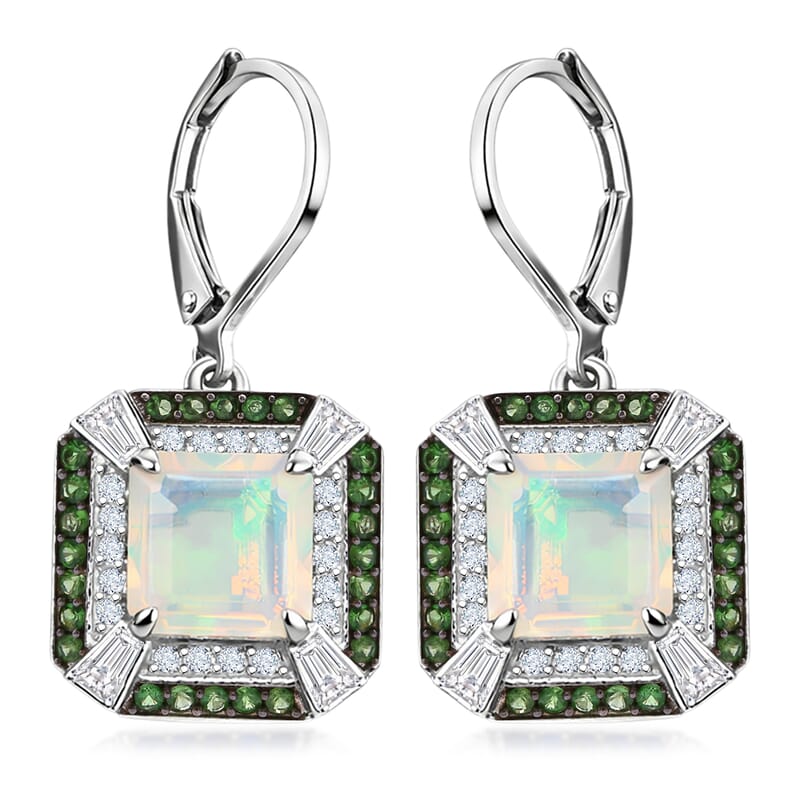 D'Joy Asscher Cut Premium Ethiopian Welo Opal and Multi Gemstone 4.35 ctw Geometric Radiance Earrings in Rhodium Over Sterling Silver