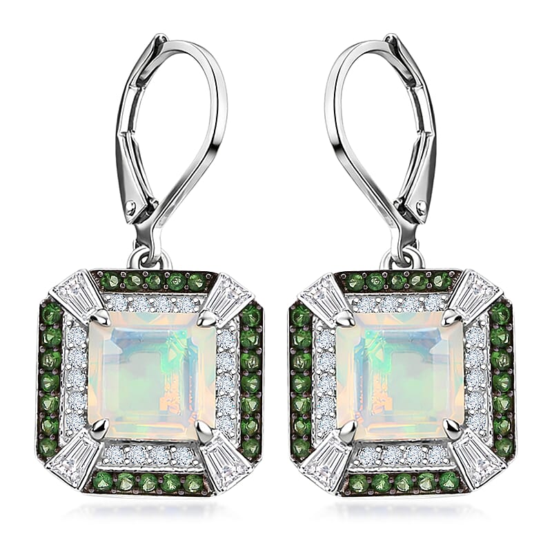 D'Joy Asscher Cut Premium Ethiopian Welo Opal and Multi Gemstone 4.35 ctw Geometric Radiance Earrings in Rhodium Over Sterling Silver