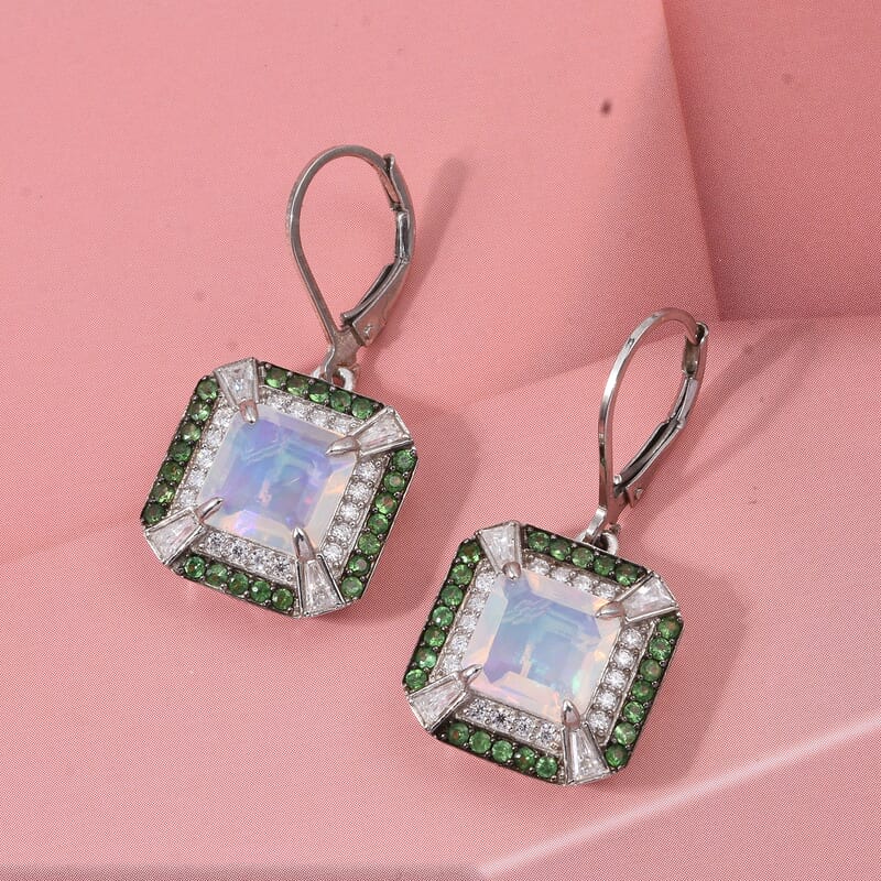 D'Joy Asscher Cut Premium Ethiopian Welo Opal and Multi Gemstone 4.35 ctw Geometric Radiance Earrings in Rhodium Over Sterling Silver