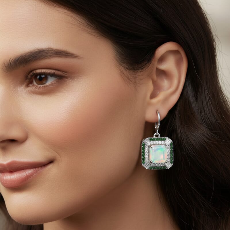 D'Joy Asscher Cut Premium Ethiopian Welo Opal and Multi Gemstone 4.35 ctw Geometric Radiance Earrings in Rhodium Over Sterling Silver