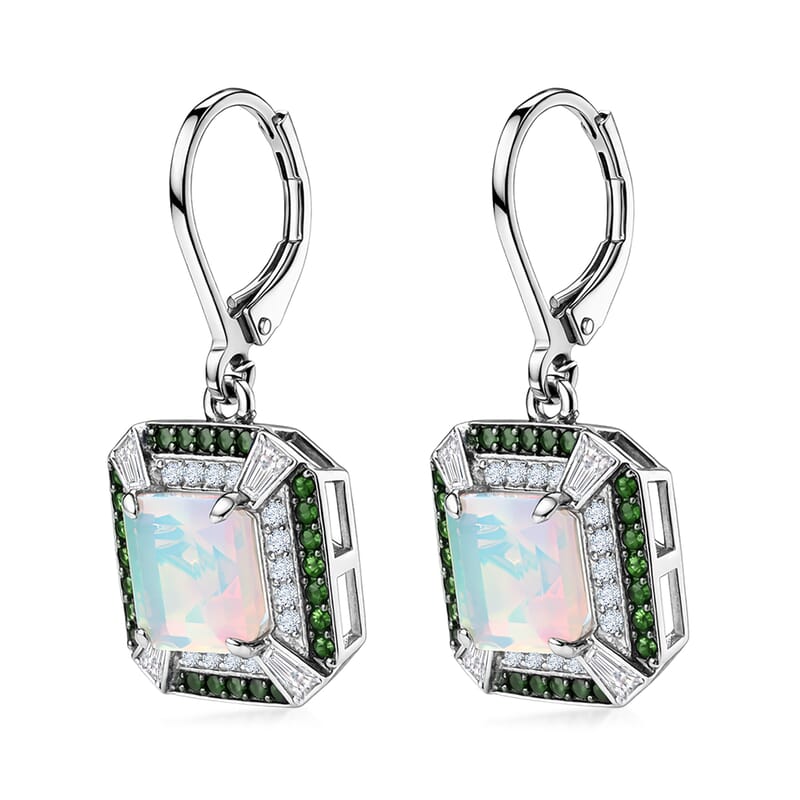 D'Joy Asscher Cut Premium Ethiopian Welo Opal and Multi Gemstone 4.35 ctw Geometric Radiance Earrings in Rhodium Over Sterling Silver