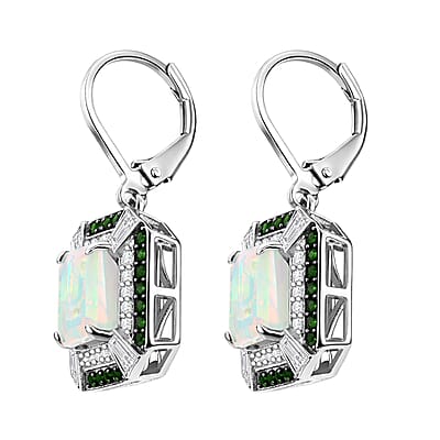 D'Joy Asscher Cut Premium Ethiopian Welo Opal and Multi Gemstone 4.35 ctw Geometric Radiance Earrings in Rhodium Over Sterling Silver
