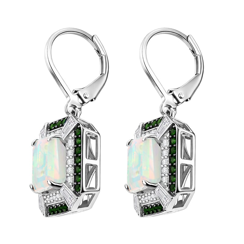 D'Joy Asscher Cut Premium Ethiopian Welo Opal and Multi Gemstone 4.35 ctw Geometric Radiance Earrings in Rhodium Over Sterling Silver