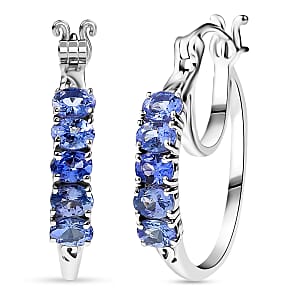 D'Joy Tanzanite 1.10 ctw Classic Hoop Earrings in Rhodium Over Sterling Silver 
