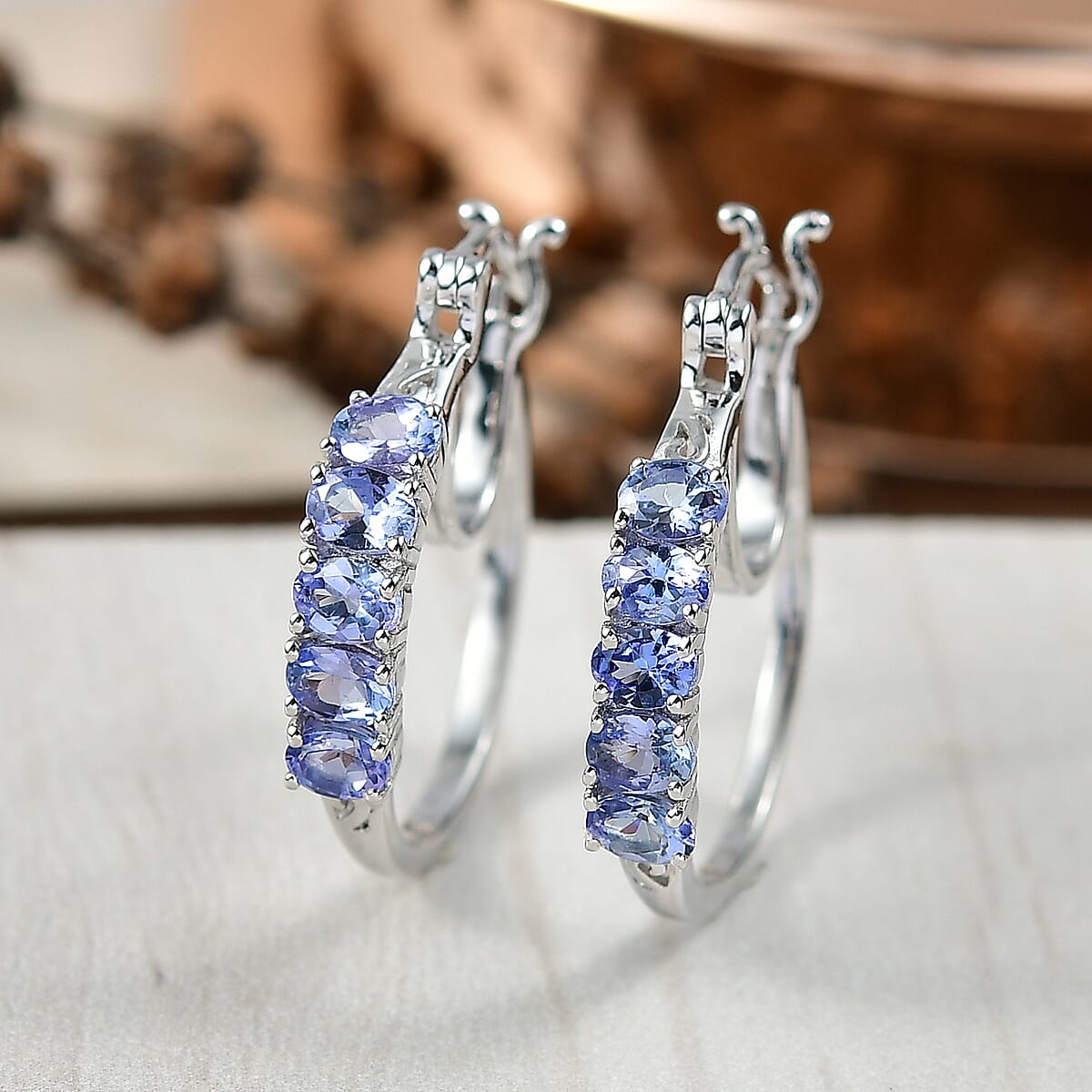 D'Joy Tanzanite 1.10 ctw Classic Hoop Earrings in Rhodium Over Sterling Silver  image number 1