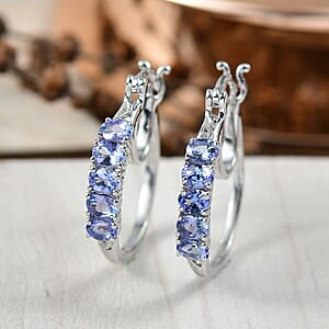 D'Joy Tanzanite 1.10 ctw Classic Hoop Earrings in Rhodium Over Sterling Silver 