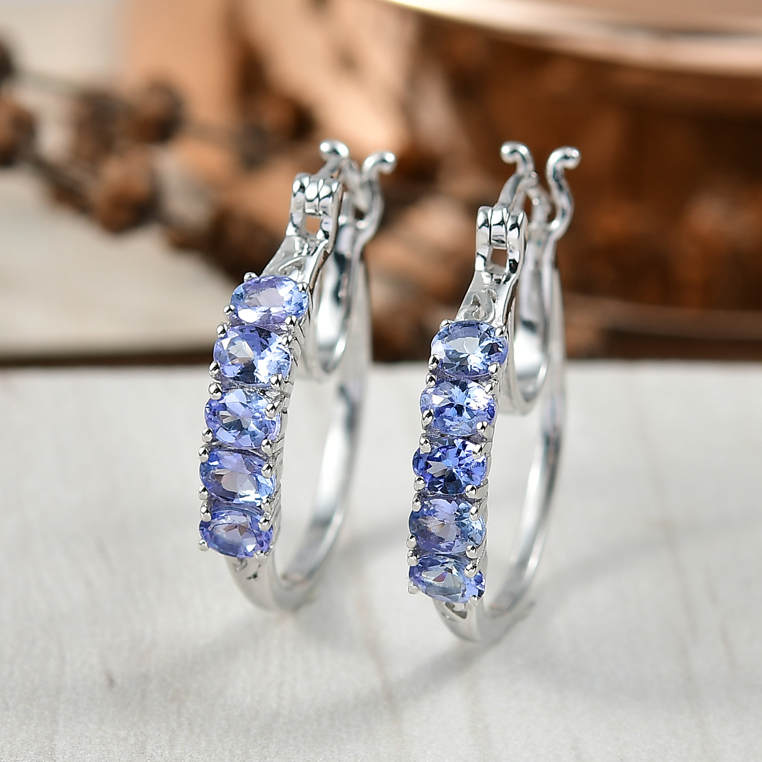 D'Joy Tanzanite 1.10 ctw Classic Hoop Earrings in Rhodium Over Sterling Silver 