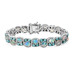 D'Joy Premium Ethiopian Welo Opal and Multi Gemstone 14.50 ctw Frozen Symphony Bracelet in Rhodium Over Sterling Silver (7.25 In)